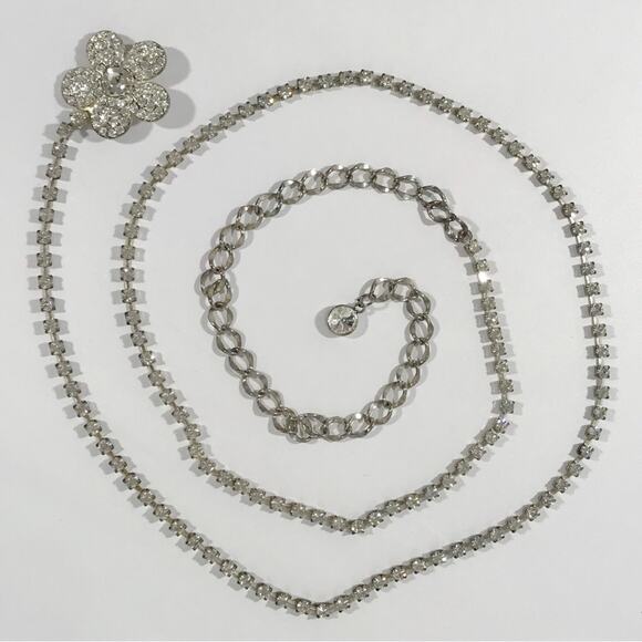 VTG Silver Rhinestone Belt Sash Chain Pave Flower Buckle Metal 60s 70s Formal main image 7